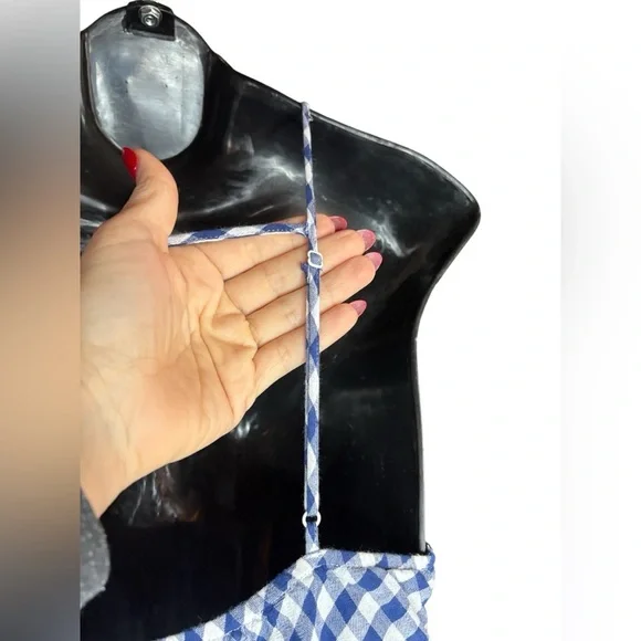 AEO women’s Blue Gingham Hi-Neck Swing Tank plaid white blue sz M preloved - Picture 5 of 11